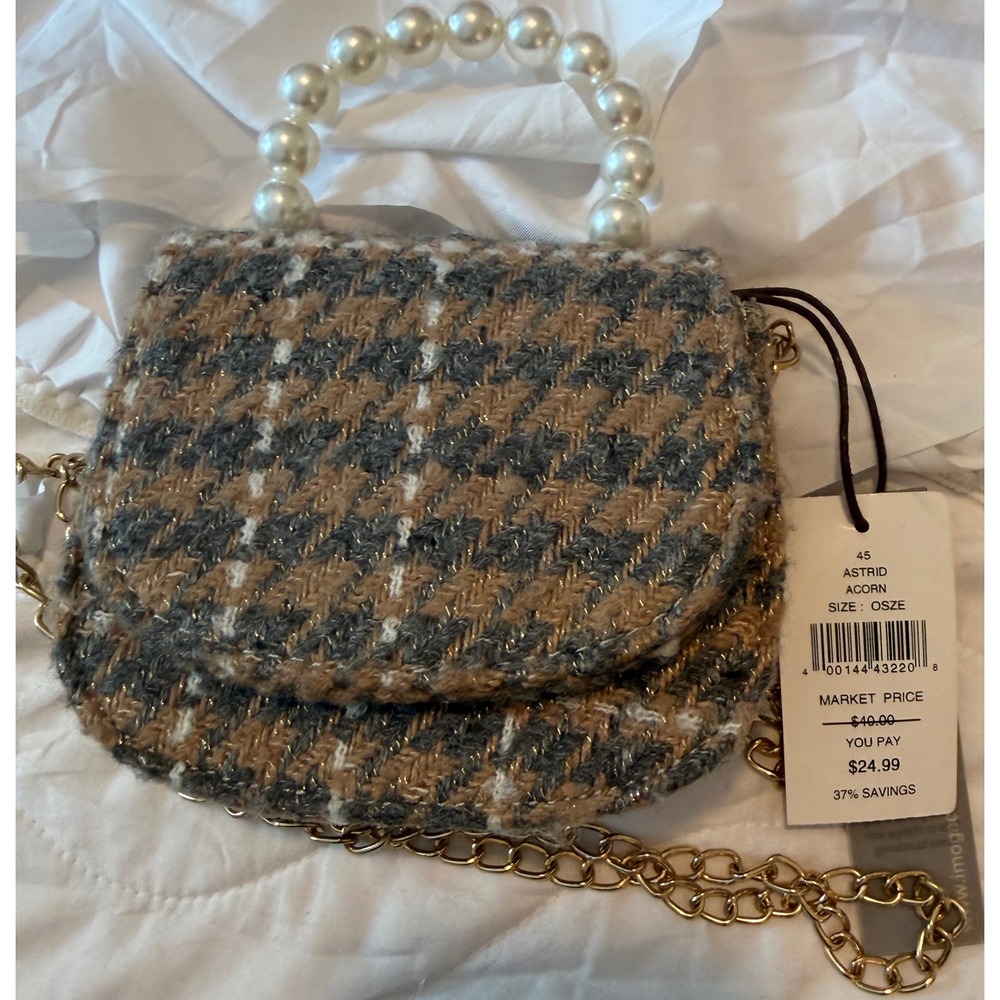 Imoga Astrid Acorn Tweed Houndstooth Pearl Handle Crossbody Bag Gold Chain NWT